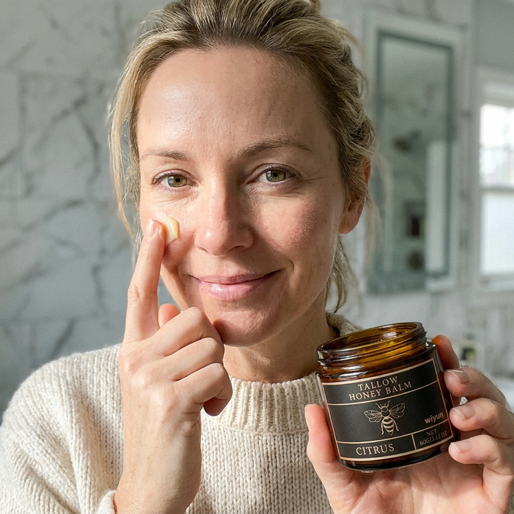 Timeless Tallow Honey Balm application on a customer's face showing natural glow