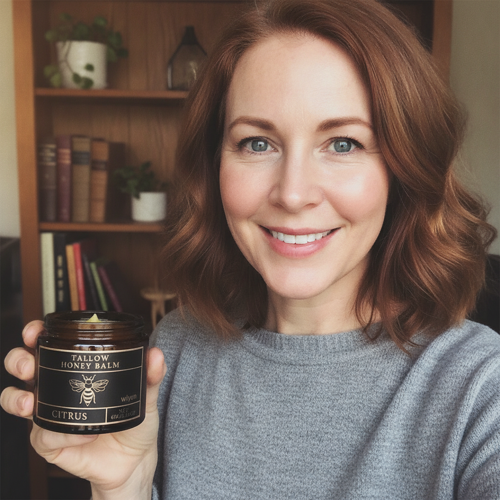 Smiling customer holding the Timeless Tallow honey balm jar