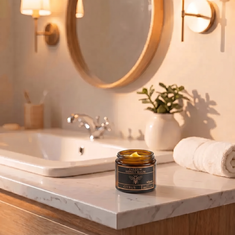 Timeless Tallow Honey Balm amber jar placed in a warm bathroom setting