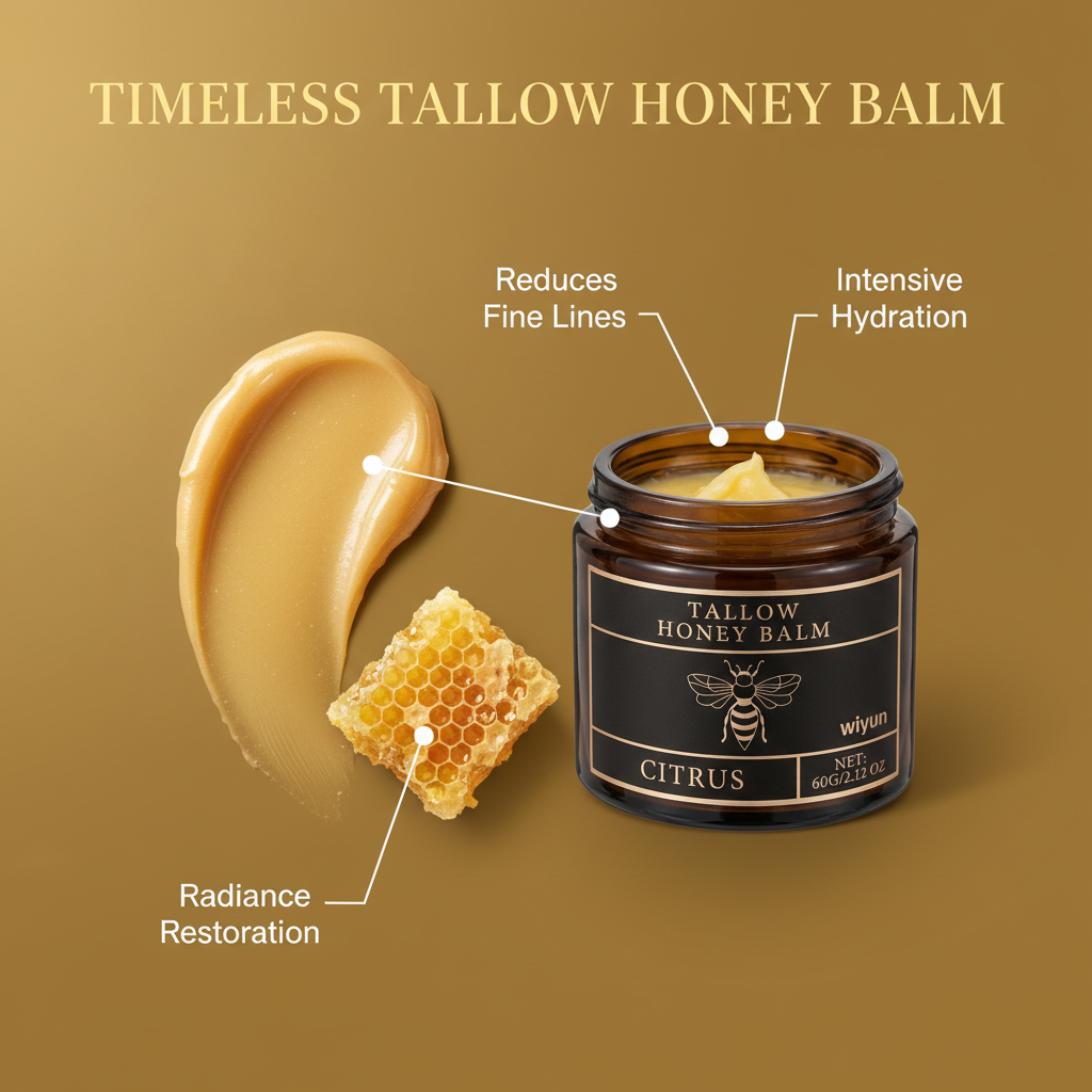 Timeless Tallow Honey Balm open amber jar showing the soft yellow balm next to a honeycomb and balm smear