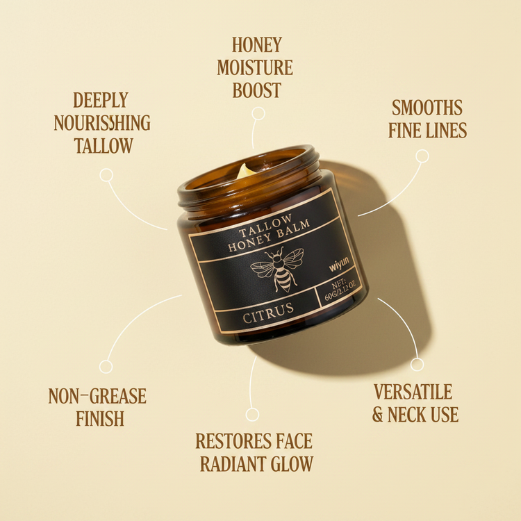 Timeless Tallow Honey Balm Amber Jar with honeycomb and balm smear