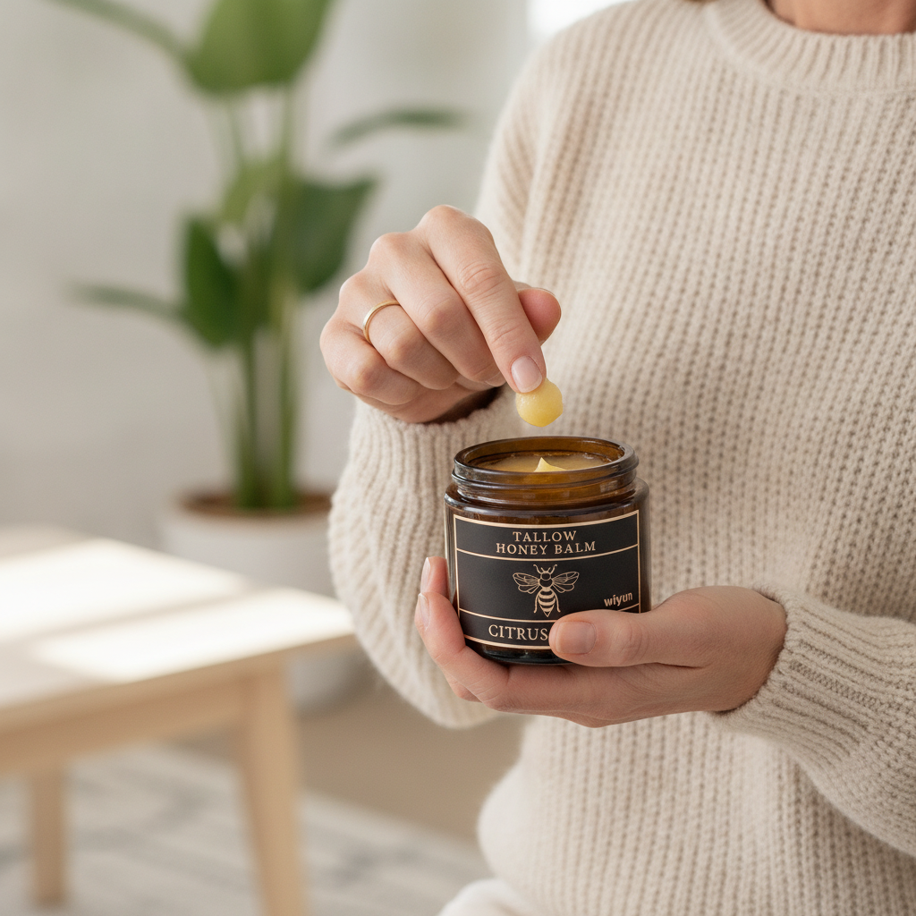 Customer holding the amber jar and scooping a dollop of honey balm with fingers showing its whipped texture