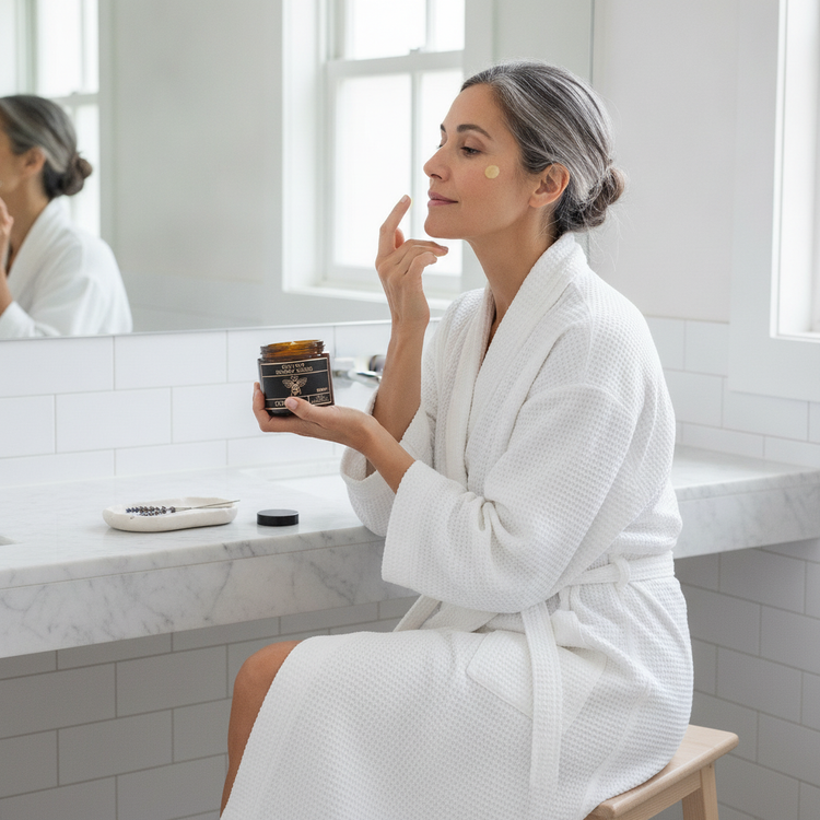 Customer sitting in bathrobe in bathroom holding the amber jar and applying honey balm near mirror